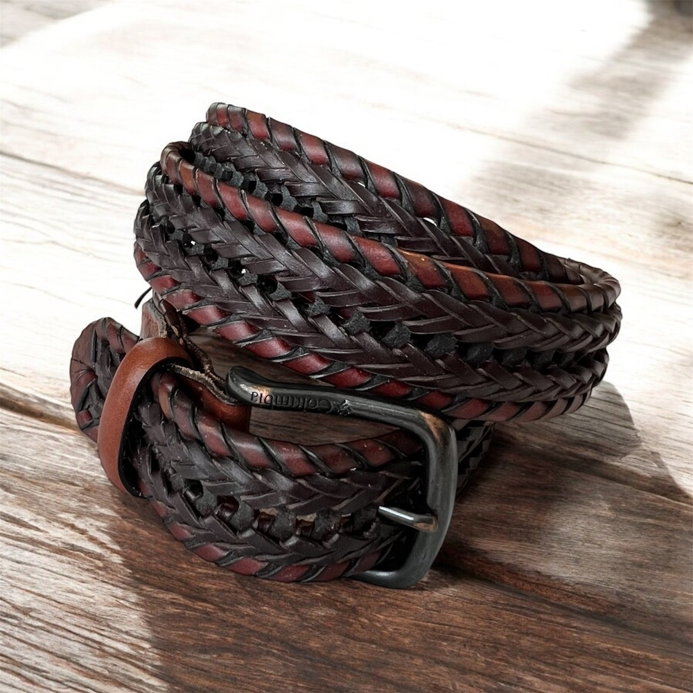 Columbia Mens Braided‎ Leather Belt Mahogany Brown Black Woven Casual Outdoor